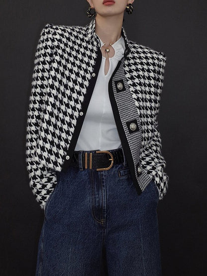xakxx Stylish Long Sleeves Loose Houndstooth Stand Collar Jackets