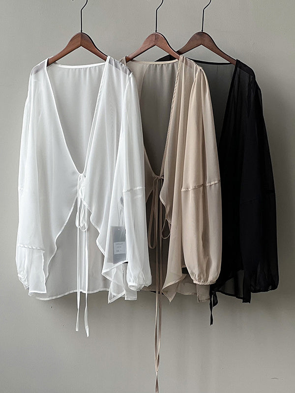 xakxx Bishop Sleeve Long Sleeves See-Through Split-Joint Tied Collarless Blouses&Shirts Tops