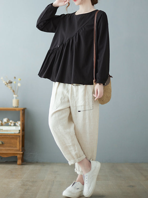 xakxx Casual Loose Long Sleeves Solid Color Round-Neck T-Shirts Tops