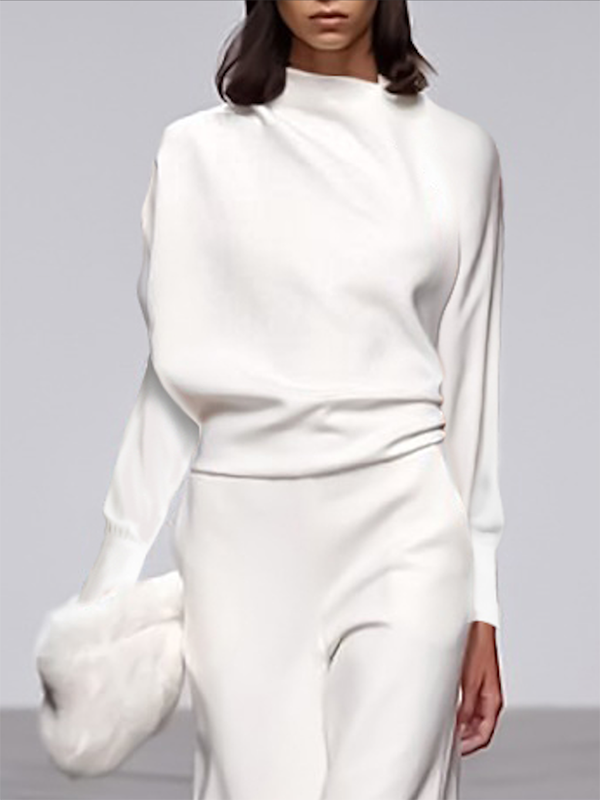 xakxx Long Sleeves Loose Solid Color Stand Collar T-Shirts Tops