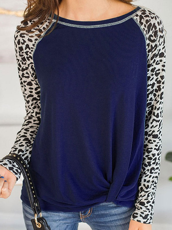 xakxx Long Sleeves Loose Knot Leopard Split-Joint Round-Neck T-Shirts Tops