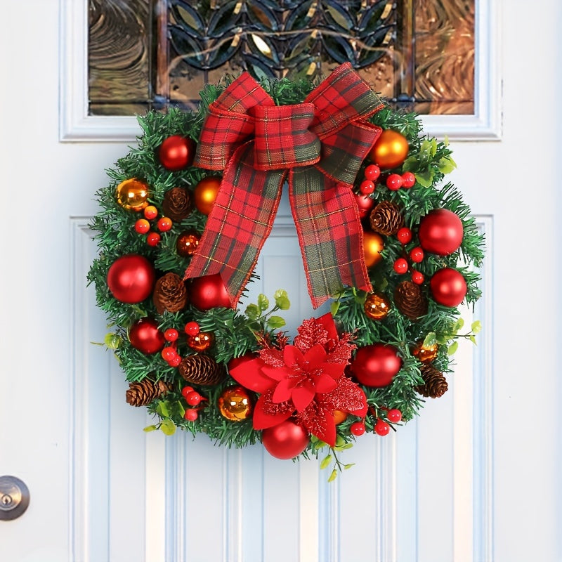 15.8" Vibrant Red Christmas Wreath with Artificial Pine Cones and Elegant Bow - Festive Holiday Door & Window Decoration, Perfect for New Year Celebrations, Indoor and Outdoor Use, Easy to Assemble, Durable and Long-Lasting