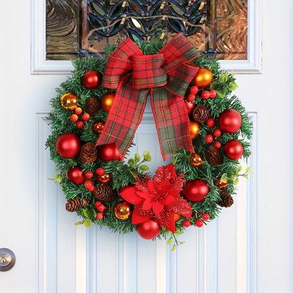 15.8" Vibrant Red Christmas Wreath with Artificial Pine Cones and Elegant Bow - Festive Holiday Door & Window Decoration, Perfect for New Year Celebrations, Indoor and Outdoor Use, Easy to Assemble, Durable and Long-Lasting