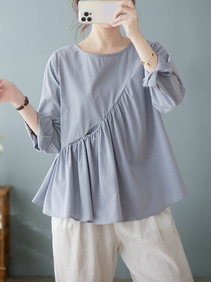 xakxx Casual Loose Long Sleeves Solid Color Round-Neck T-Shirts Tops