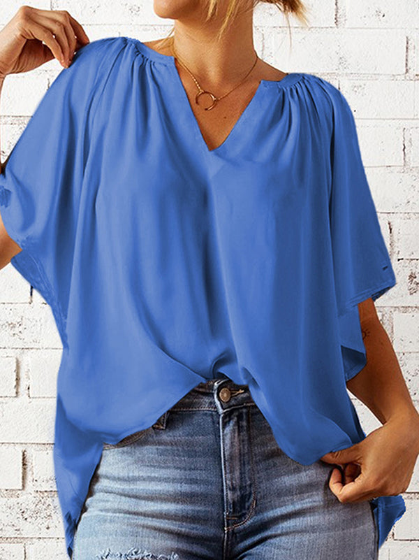 xakxx Simple Casual Solid Color Loose Pleated Half Sleeves T-Shirt Top