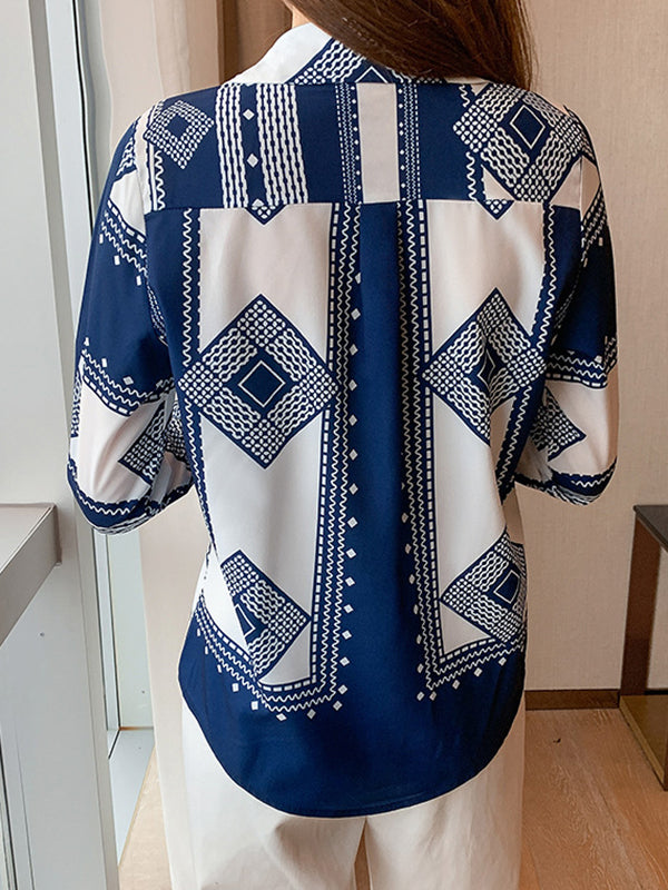 xakxx Long Sleeves Loose Buttoned Printed Lapel Blouses&Shirts Tops