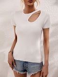 xakxx Short Sleeves Skinny Asymmetric Hollow Solid Color Round-neck T-Shirts Tops
