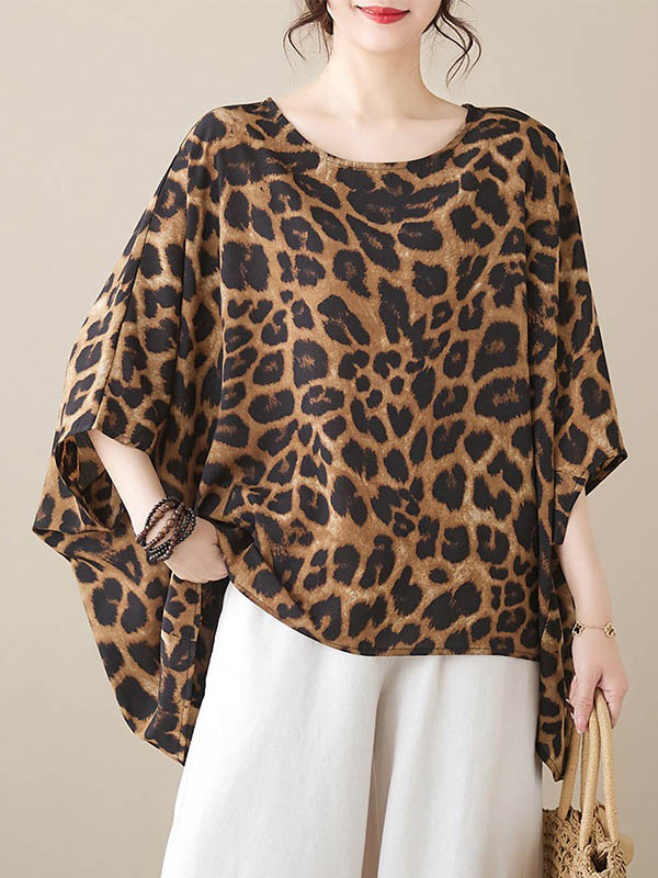 xakxx Batwing Sleeves Loose Leopard Round-Neck T-Shirts Tops