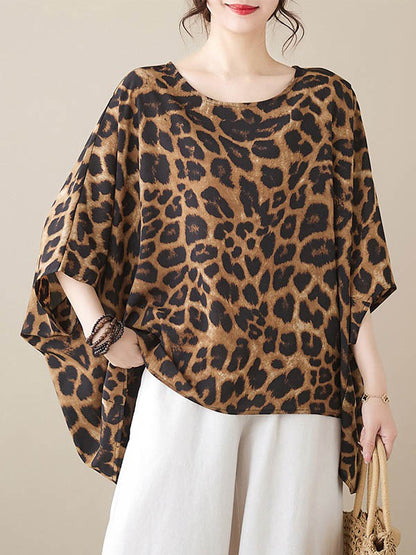 xakxx Batwing Sleeves Loose Leopard Round-Neck T-Shirts Tops