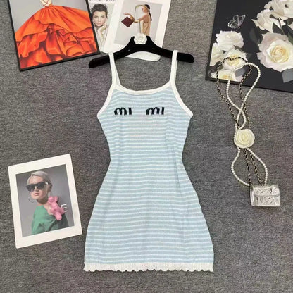 Designer Womens Spaghetti Strap Dress Designer Tops Embroidery Knits Tees Summer Spring Outwears For Lady Slim Dresses Basic Classic Shirts Fluffy Skirts S-L
