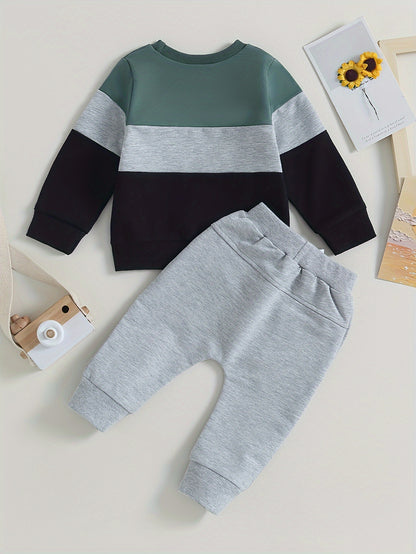 Baby Boys Spring 2 Piece Outfits Contrast Color Long Sleeve Sweatshirt and Elastic Pants for Toddler Fall Clothes