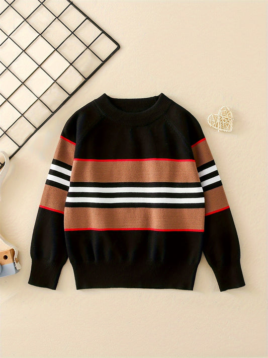 Baby's Casual Color Block Pattern Sweater, Knitted Long Sleeve Top, Toddler & Infant Boy's Clothing For Fall Winter