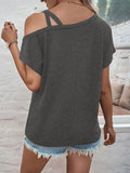 xakxx Loose Short Sleeves Asymmetric Solid Color Cold Shoulder T-Shirts