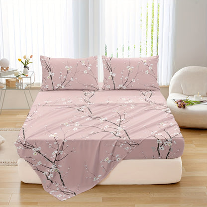 4pcs Luxury Flower Print Fitted Sheet Set - Soft, Hypoallergenic & Breathable Bedding - Wrinkle-Free & Fade-Resistant - Perfect for Bedrooms & Guest Rooms - 1 Flat Sheet, 1 Fitted Sheet, 2 Pillowcases - No Mattress Core