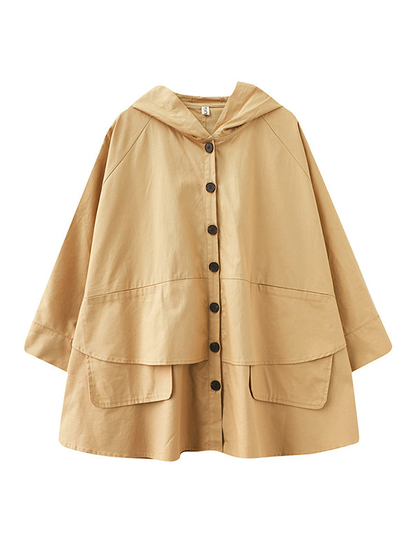 xakxx Loose Solid Color Buttoned Hooded Long Sleeves Trench Coat