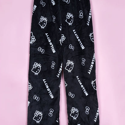 Hello Kitty Flannel Pajama Set for Women - Soft, Warm, White Anime Cartoon Print Lounge Pants - Autumn Fashion Gift Idea