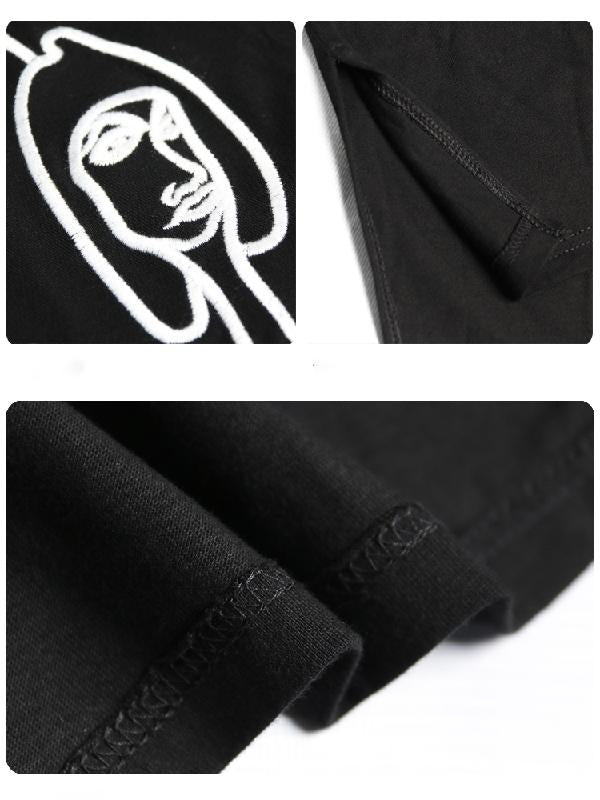 xakxx Embroidered Black&White Loose Round-Neck T-Shirt