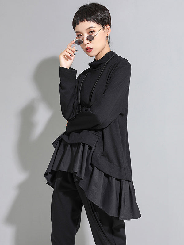 xakxx High-Low A-Line Falbala Split-Joint Split-Back High-Neck T-Shirts Tops