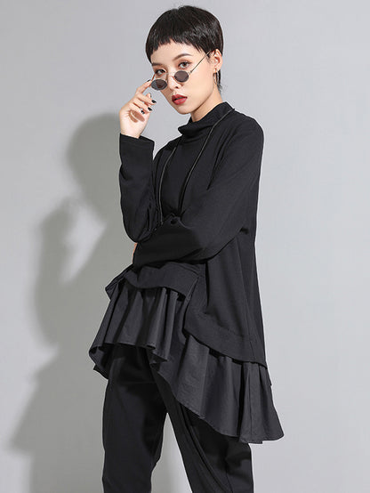xakxx High-Low A-Line Falbala Split-Joint Split-Back High-Neck T-Shirts Tops