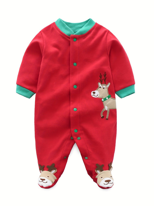 Baby's Christmas Style Cartoon Elk Patchwork Cotton Casual Long Sleeve Romper, Toddler & Infant Boy's Comfy Outdoor Clothes