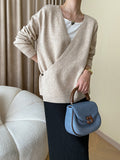 xakxx Long Sleeves Loose Asymmetric Buttoned V-neck Sweater Tops