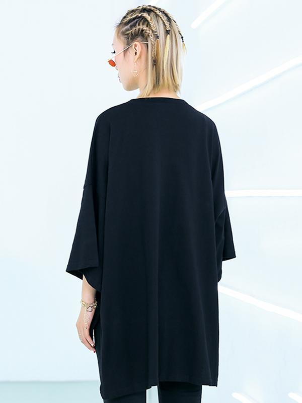 xakxx Embroidered Black&White Loose Round-Neck T-Shirt