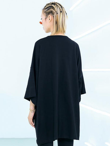 xakxx Embroidered Black&White Loose Round-Neck T-Shirt