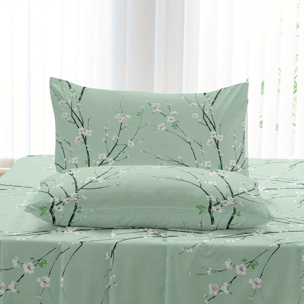 4pcs Luxury Flower Print Fitted Sheet Set - Soft, Hypoallergenic & Breathable Bedding - Wrinkle-Free & Fade-Resistant - Perfect for Bedrooms & Guest Rooms - 1 Flat Sheet, 1 Fitted Sheet, 2 Pillowcases - No Mattress Core