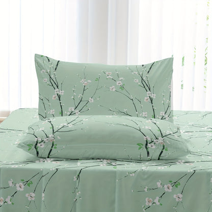 4pcs Luxury Flower Print Fitted Sheet Set - Soft, Hypoallergenic & Breathable Bedding - Wrinkle-Free & Fade-Resistant - Perfect for Bedrooms & Guest Rooms - 1 Flat Sheet, 1 Fitted Sheet, 2 Pillowcases - No Mattress Core