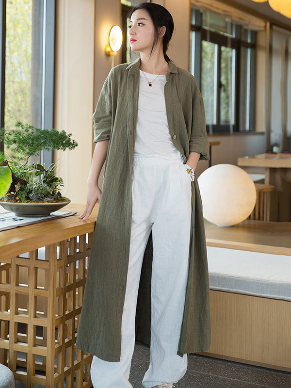 xakxx Artistic Retro Loose Simple Casual Solid Color Ramie Trench Coat
