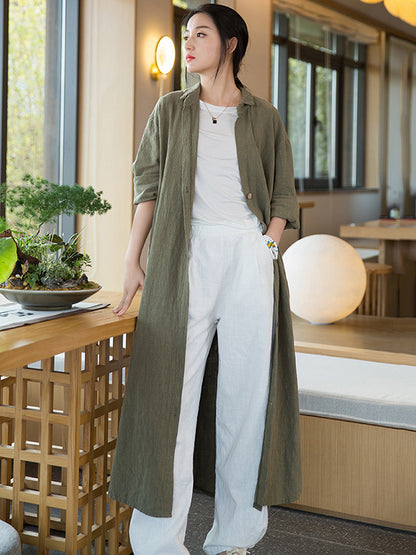 xakxx Artistic Retro Loose Simple Casual Solid Color Ramie Trench Coat