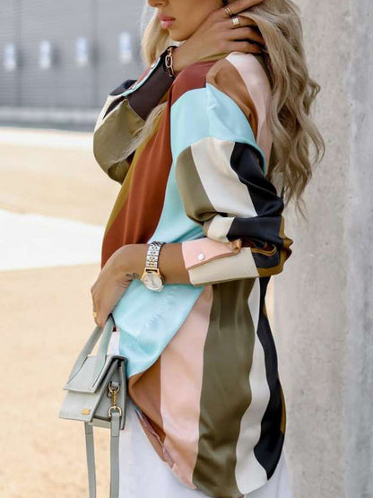 xakxx Stylish Selection Long Sleeves Loose Contrast Color Lapel Collar Blouses&Shirts Tops