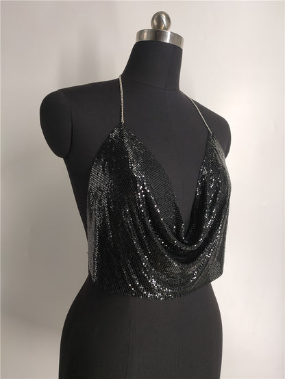 2025 Vest  nightclubs sexy temptation sequins bright diamond thin strap hanging neck V-neck short tube top small vest fb1540