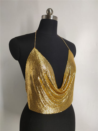 2025 Vest  nightclubs sexy temptation sequins bright diamond thin strap hanging neck V-neck short tube top small vest fb1540