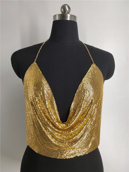 2025 Vest  nightclubs sexy temptation sequins bright diamond thin strap hanging neck V-neck short tube top small vest fb1540