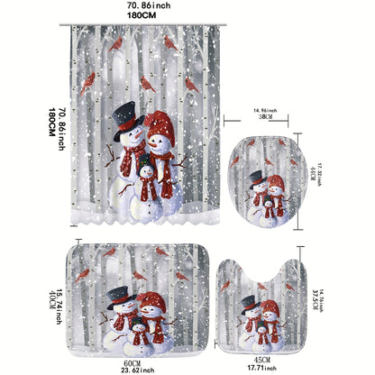1pc Christmas Snowman Shower Curtain Set - Waterproof, Digital Printing, Bathroom Rug, Toilet U-Shape Mat, Toilet Lid Cover Pad, Complete Bathroom Decor for Thanksgiving Gift and Christmas Decorations