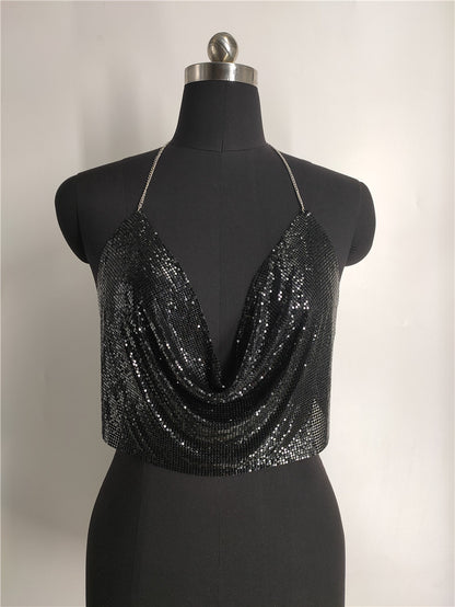 2025 Vest  nightclubs sexy temptation sequins bright diamond thin strap hanging neck V-neck short tube top small vest fb1540