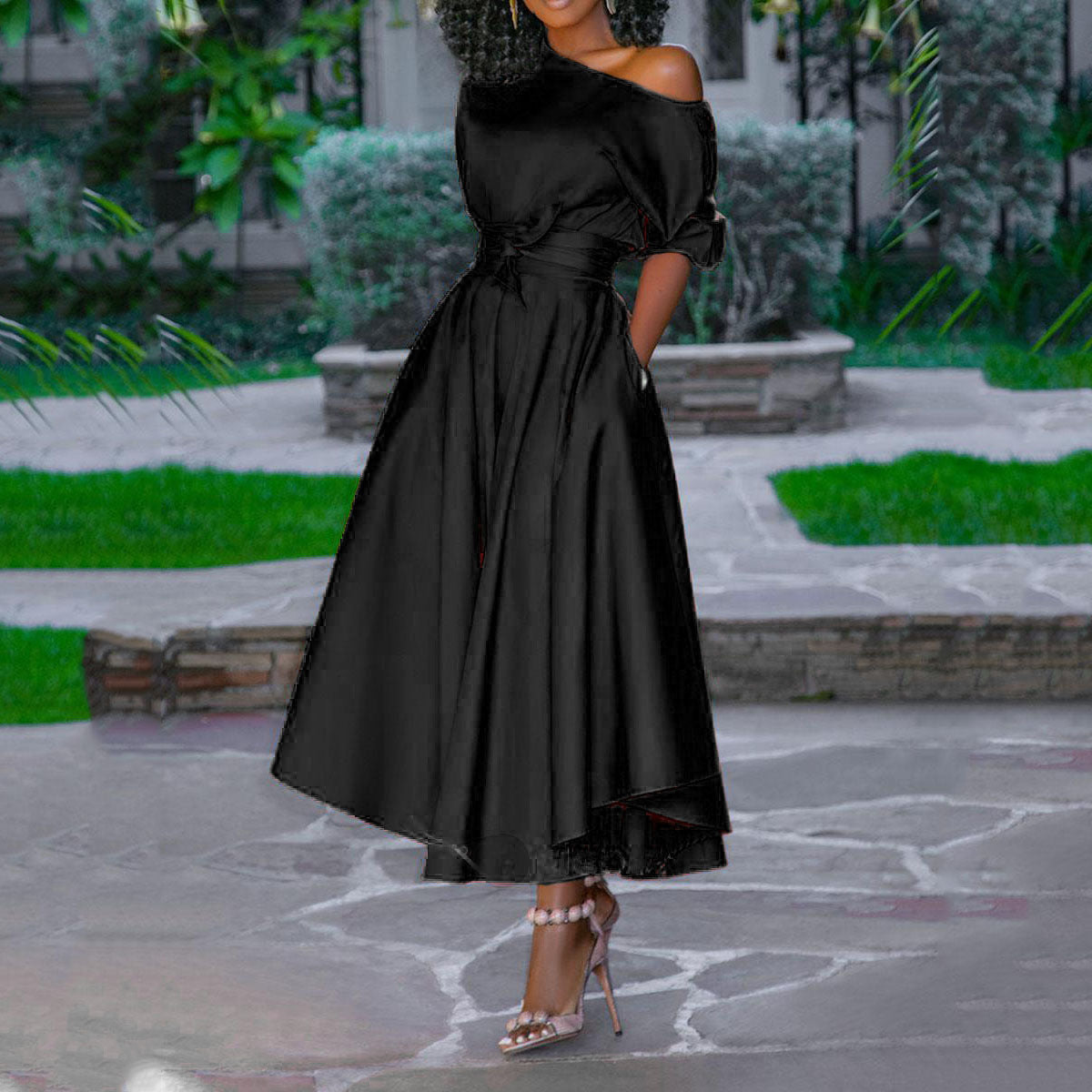 2025 New summer new Popular trade  2025 women's clothing single shoulder lace waist medium and long dress medium skirt