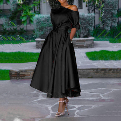 2025 New summer new Popular trade  2025 women's clothing single shoulder lace waist medium and long dress medium skirt