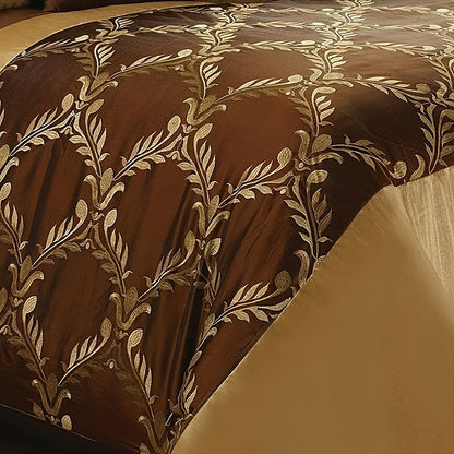 7 Piece Classic Embroidery Comforter Set King/Queen- Chocolate And Gold Faux Silk Fabric Embroideried-1 Comforter, 2 Shams, 3 Decorative Pillows, 1 Bedskirt