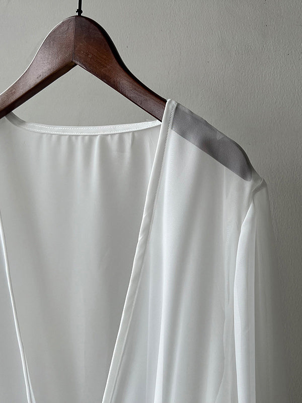 xakxx Bishop Sleeve Long Sleeves See-Through Split-Joint Tied Collarless Blouses&Shirts Tops