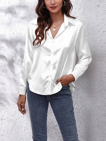 xakxx Long Sleeves Loose Solid Color Lapel Blouses