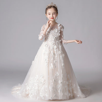 Girl's Princess Dress Tulle Tutu Children's Catwalk Trailing Skirt Flower Girl Little Host Piano Princess Costume Western Style