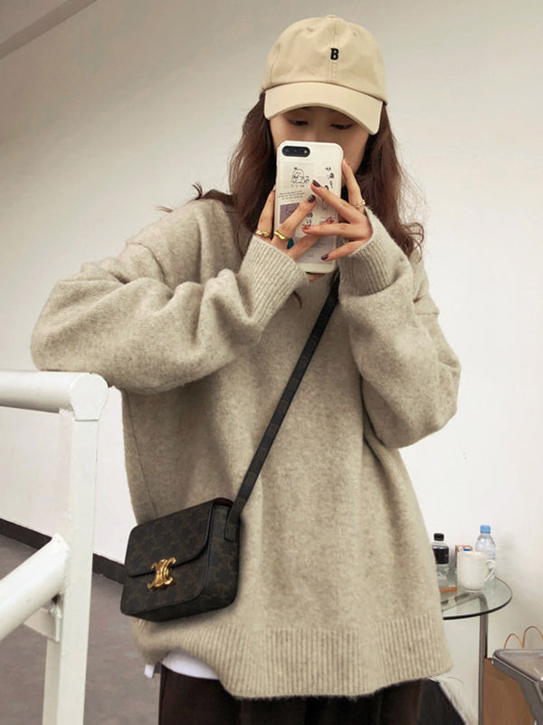 xakxx Simple Loose Long Sleeves Round-Neck Sweater Tops Pullovers