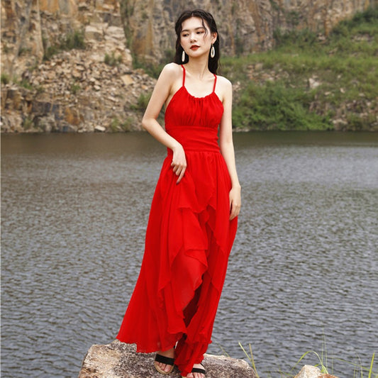 2025 Desert photo clothes Sanya beach skirt super fairy seaside vacation dress big swing elegant suspender backless dress
