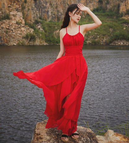 2025 Desert photo clothes Sanya beach skirt super fairy seaside vacation dress big swing elegant suspender backless dress