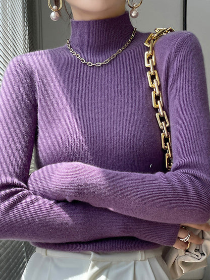xakxx Casual Skinny Long Sleeves Solid Color Half Turtleneck Sweater Tops