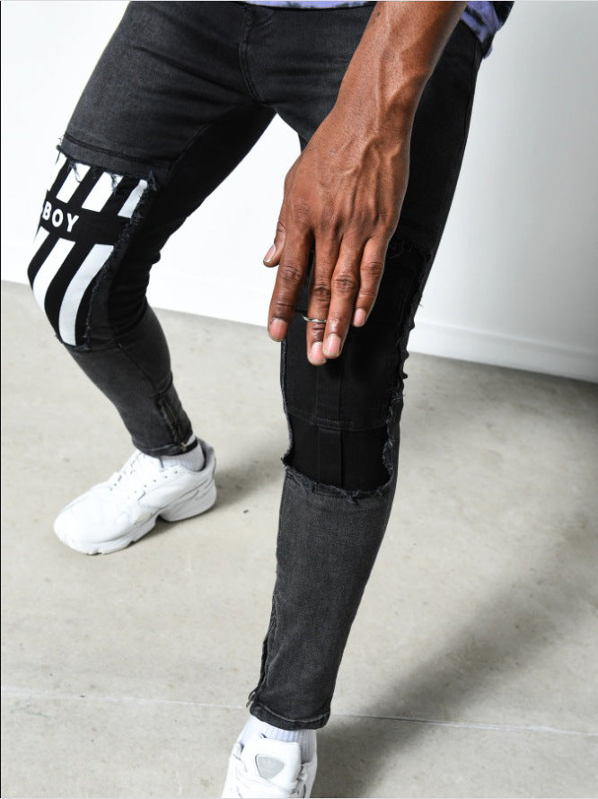 2025 Hot trade new wish 2025 men's pants ripped white slim denim trousers fashion printed pants men