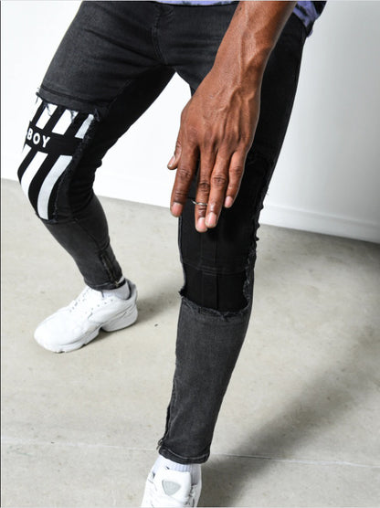 2025 Hot trade new wish 2025 men's pants ripped white slim denim trousers fashion printed pants men