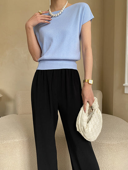 xakxx Stylish Loose Solid Color Boat Neck Knitwear Pullovers Tops